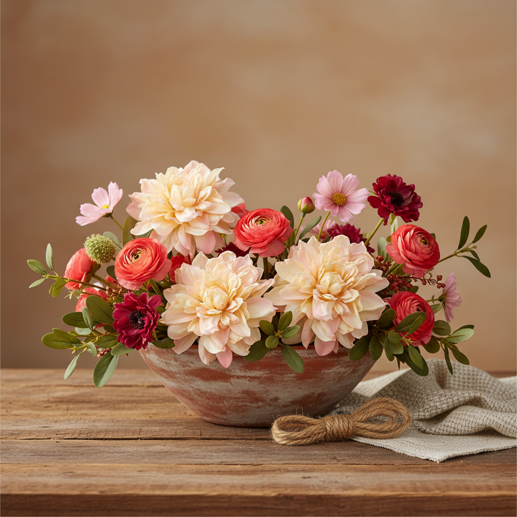 A rustic floral arrangement of peach, pink, and red flowers with green foliage in a distressed terracotta bowl, set on a wooden table with a beige cloth and twine.