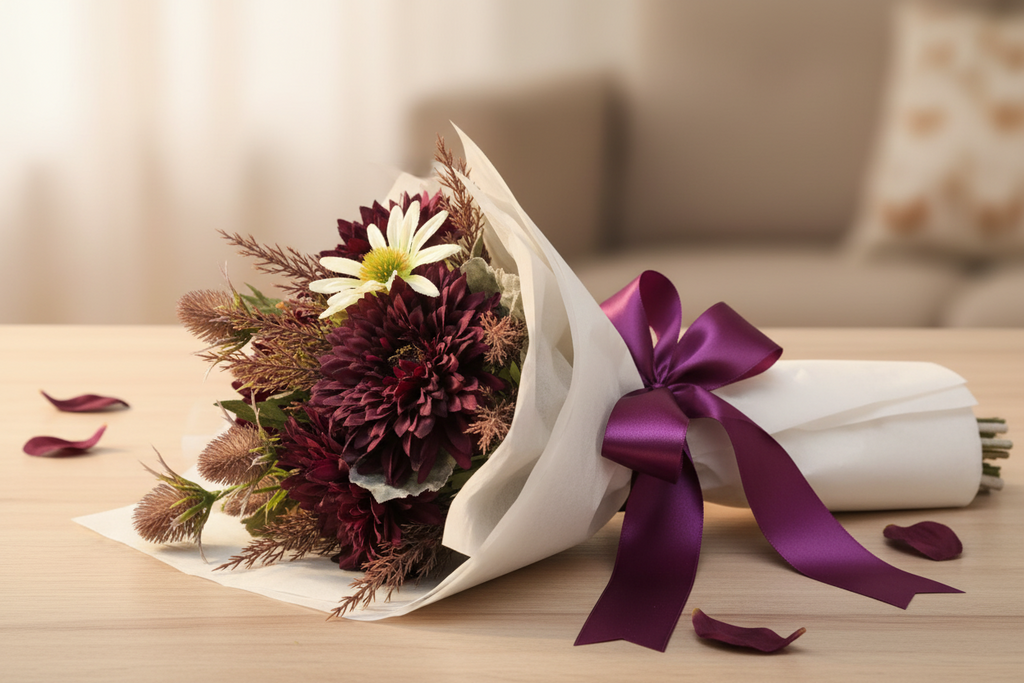 Purple and White Faux Flower Bouquet, Handtied Artificial Floral Arrangement, Elegant Centerpiece, Home or Office Decor,
