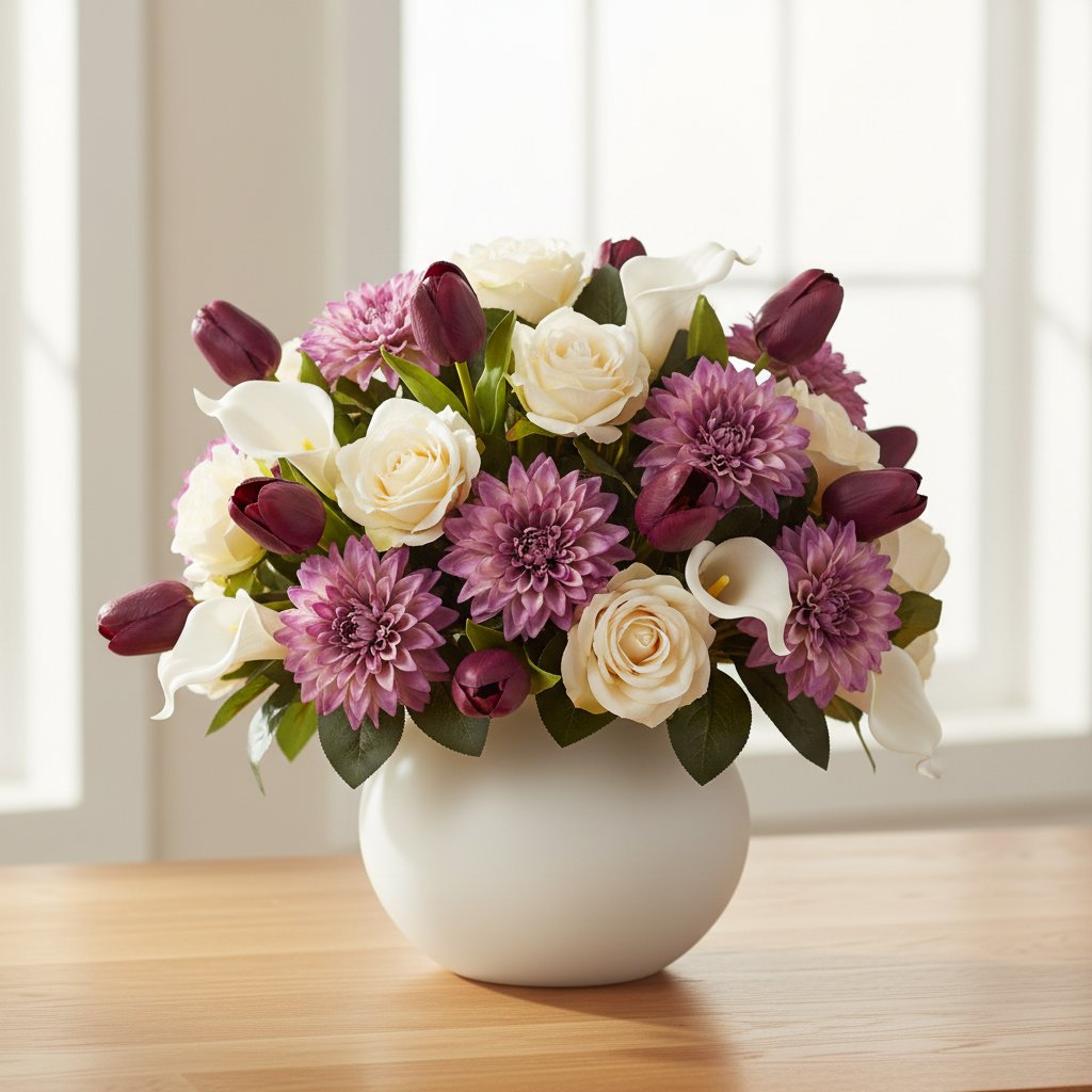 Purple dahlia with burgundy tulips