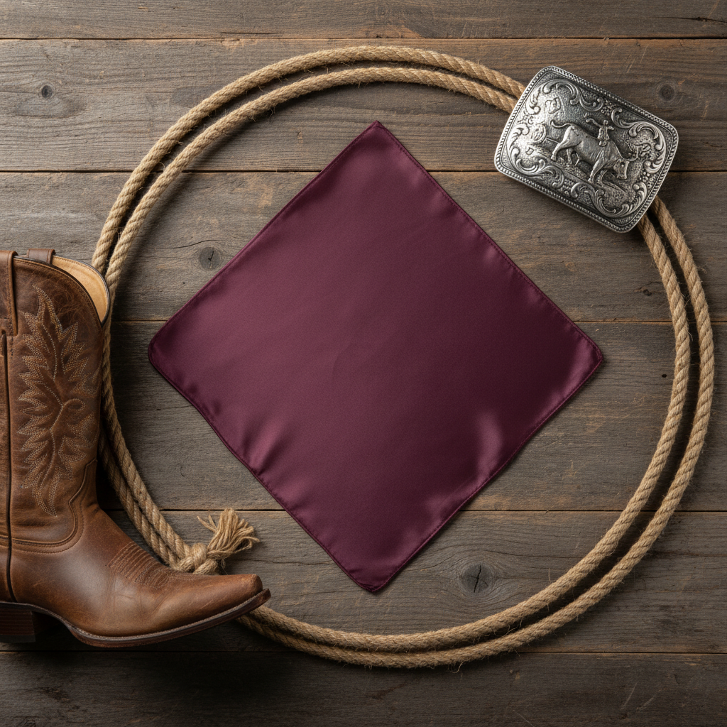 Purple mulberry wine wild rag 23x23 laid flat in square shape with western accessories