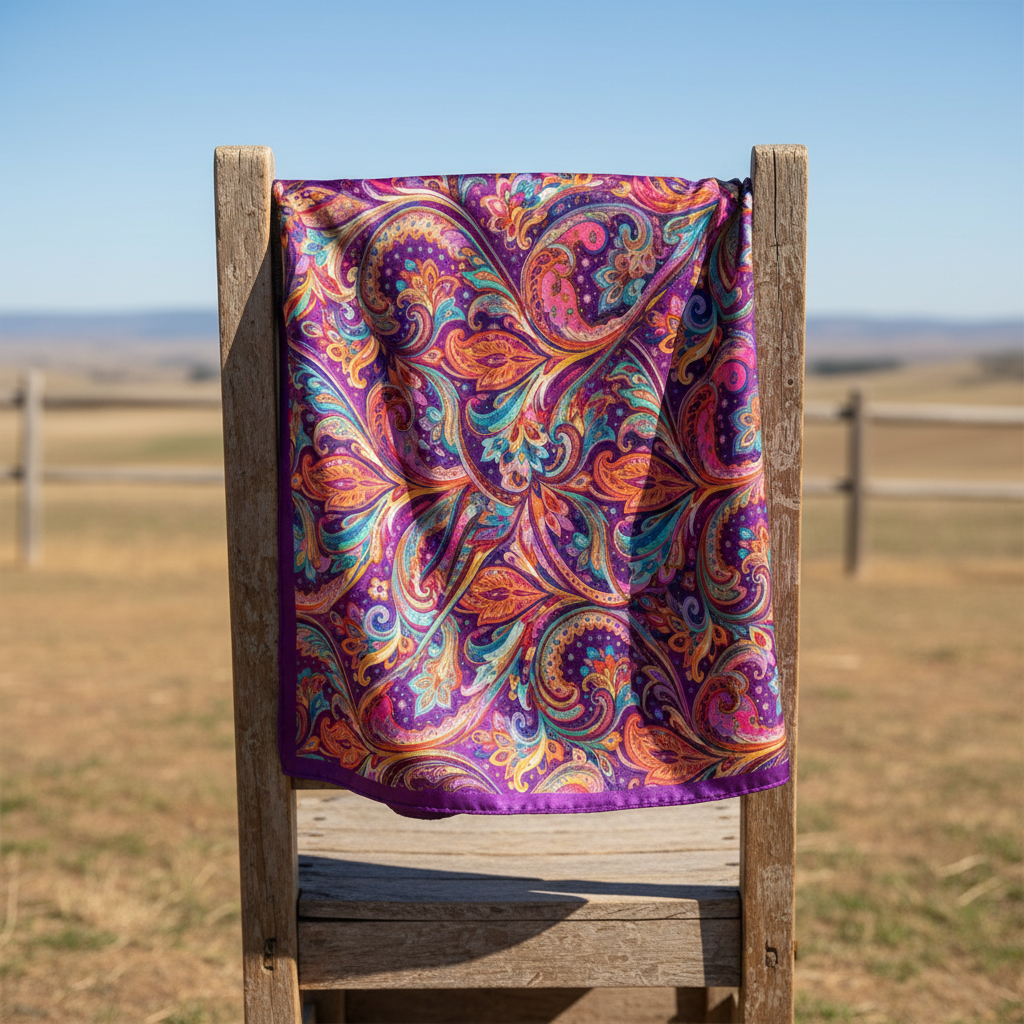 Purple paisley wild rag draped over a rustic ranch chair
