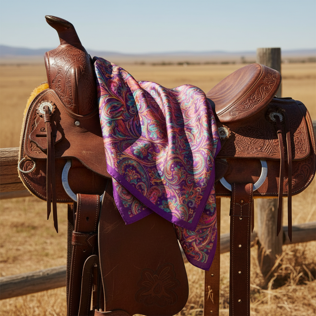 Purple paisley wild rag draped over a Western saddle
