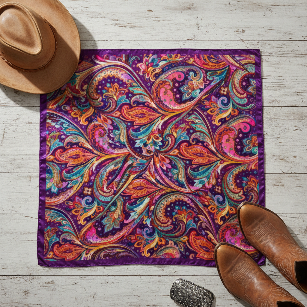 Purple paisley wild rag styled with Western accessories
