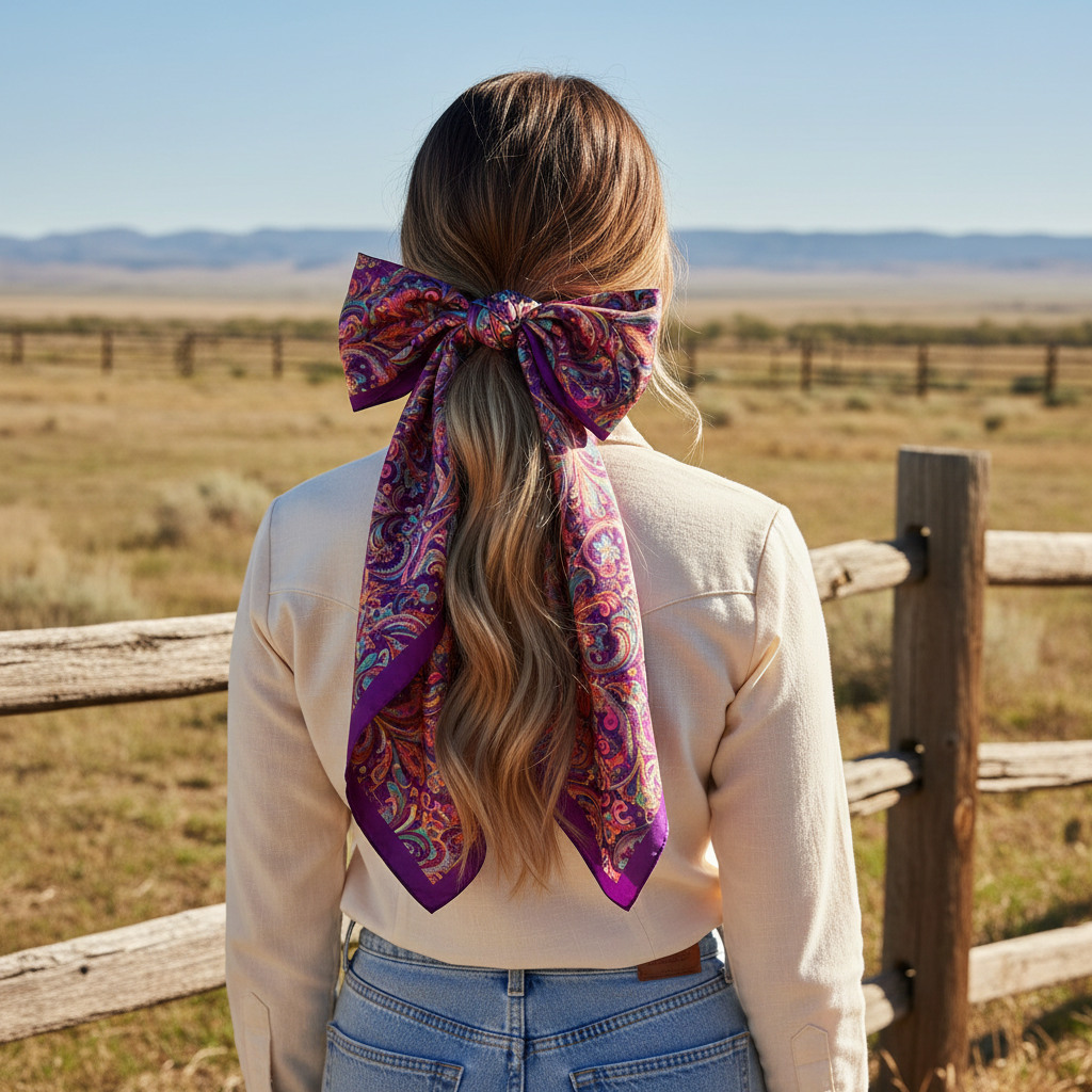 Purple paisley wild rag used as a Western hair wrap