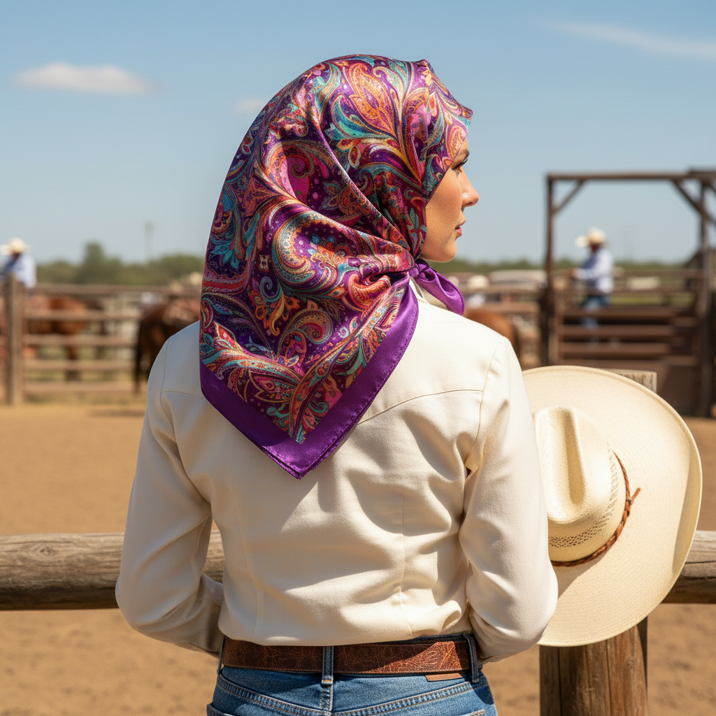 Purple paisley wild rag worn as a Western head scarf