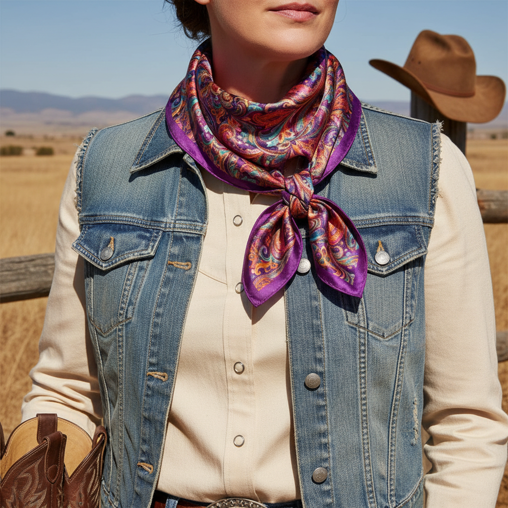 Purple paisley wild rag worn in a Western ranch setting