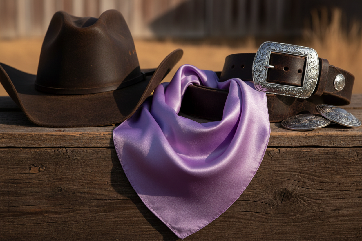 Purple wild rag 23x23 arranged with cowboy hat and western accessories