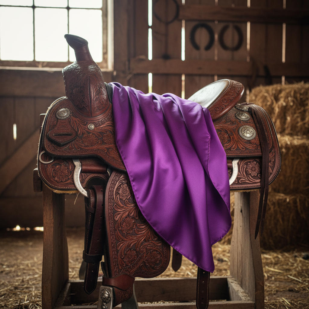 Purple wild rag 23x23 draped over western saddle with tack