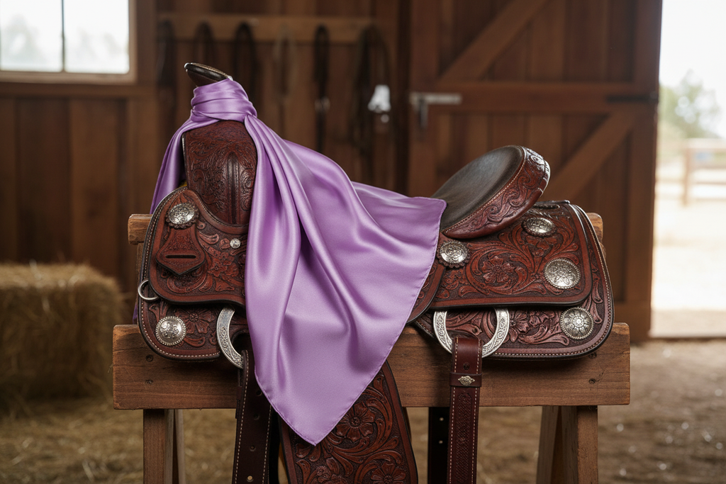 Purple wild rag 23x23 draped over western saddle with tack