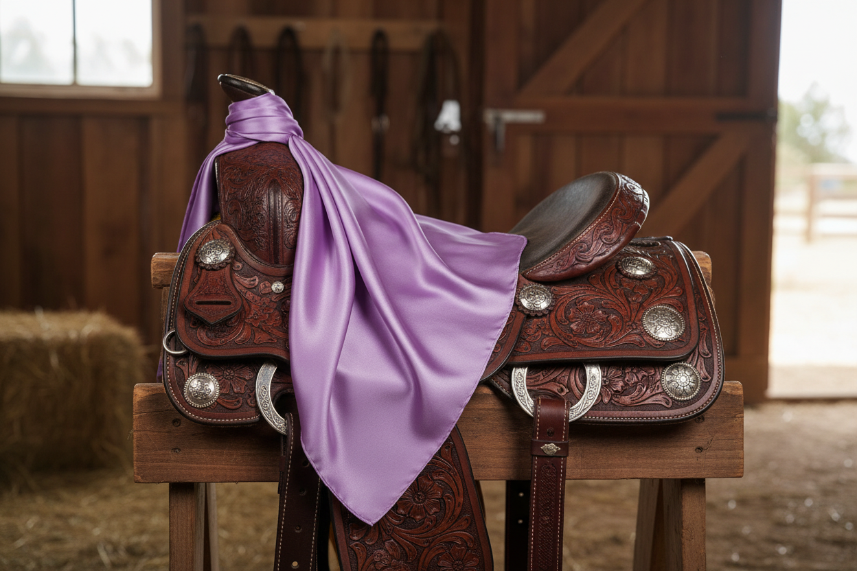 Purple wild rag 23x23 draped over western saddle with tack