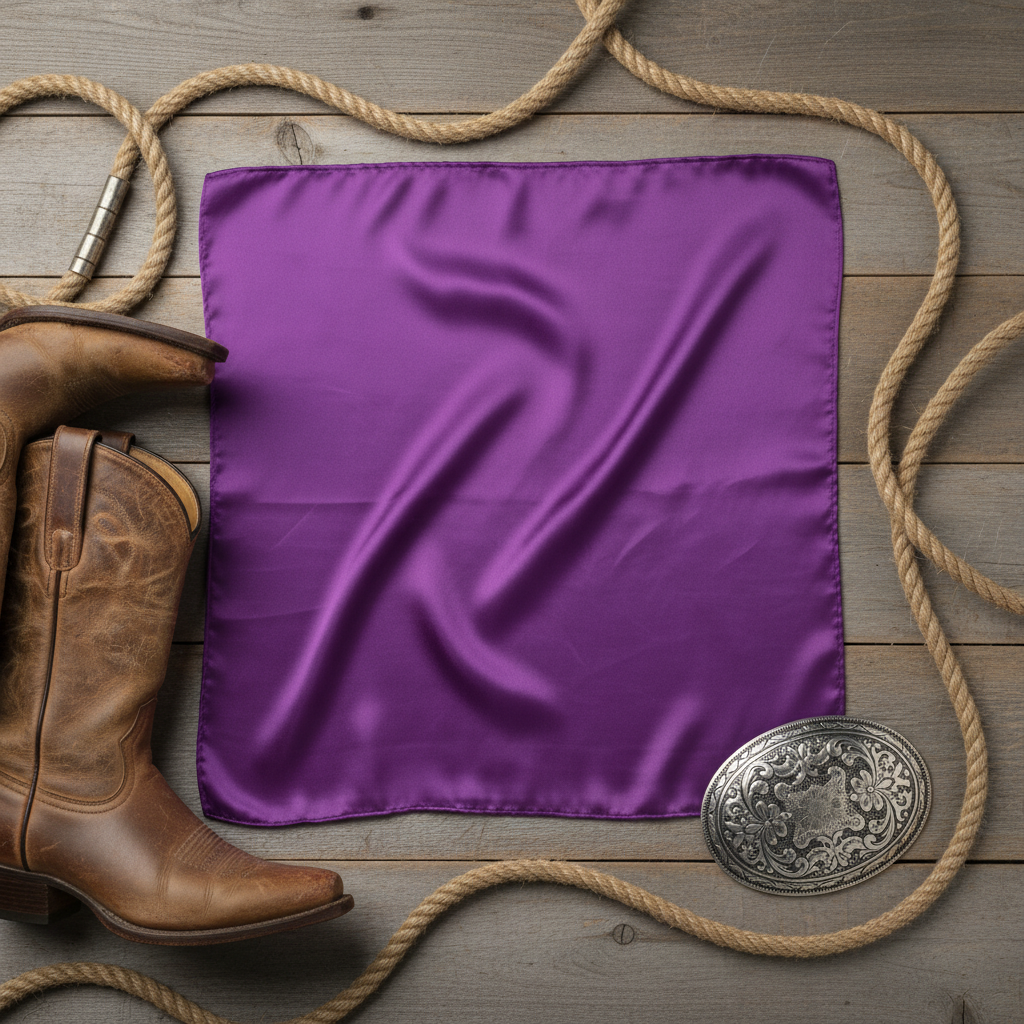Purple wild rag 23x23 laid flat in square shape with western accessories
