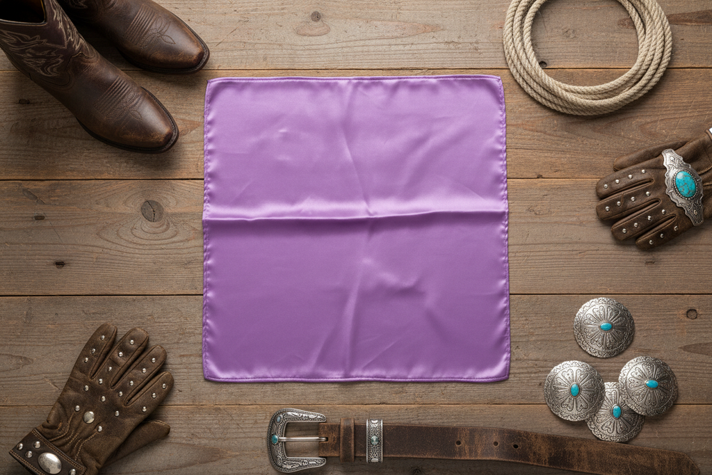 Purple wild rag 23x23 laid flat in square shape with western accessories