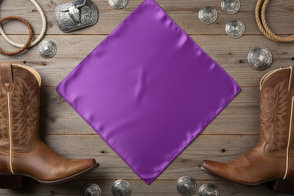 Purple wild rag 23x23 laid flat in square shape with western accessories
