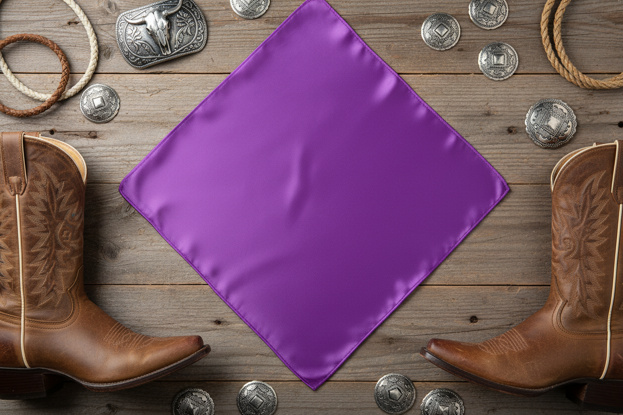 Purple wild rag 23x23 laid flat in square shape with western accessories
