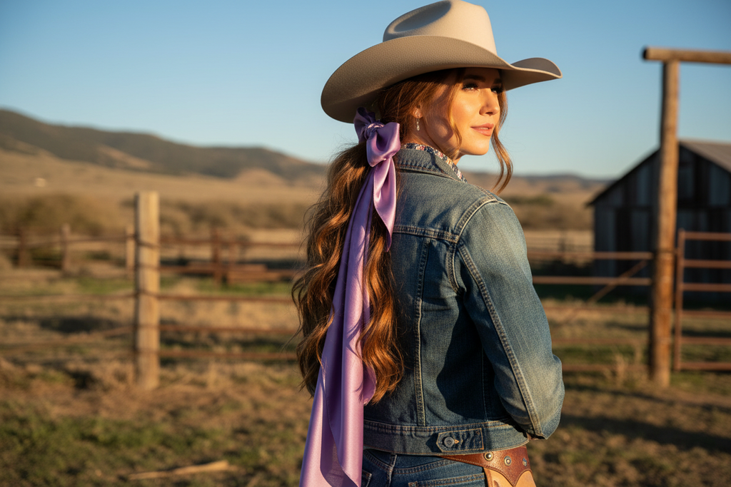 Purple wild rag 23x23 scarf styled as hair tie on cowgirl