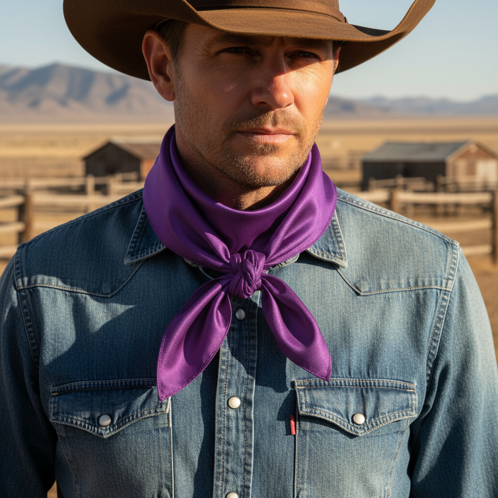 Purple wild rag 23x23 scarf tied in front with visible knot on cowboy