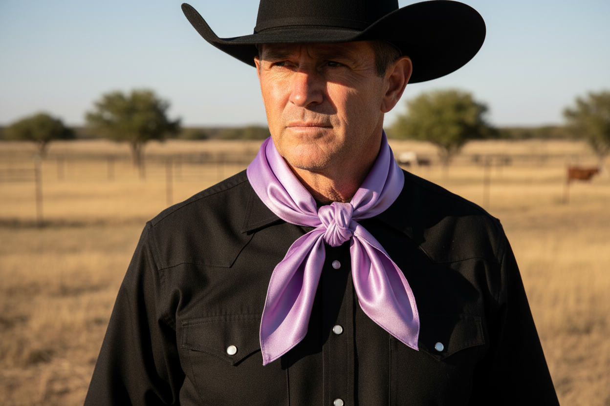 Purple wild rag 23x23 scarf tied in front with visible knot on cowboy