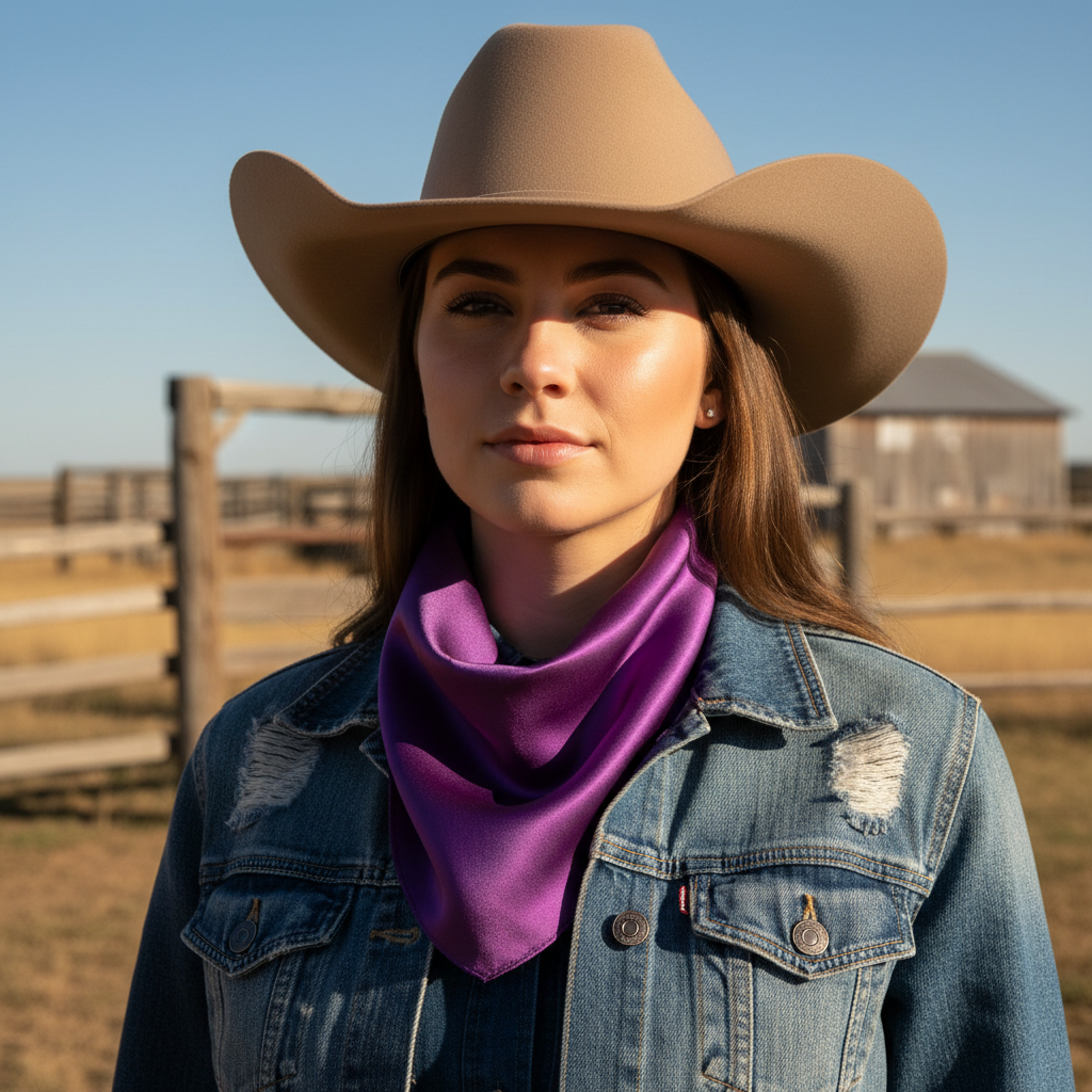 Purple wild rag 23x23 scarf wrapped around cowgirl's neck