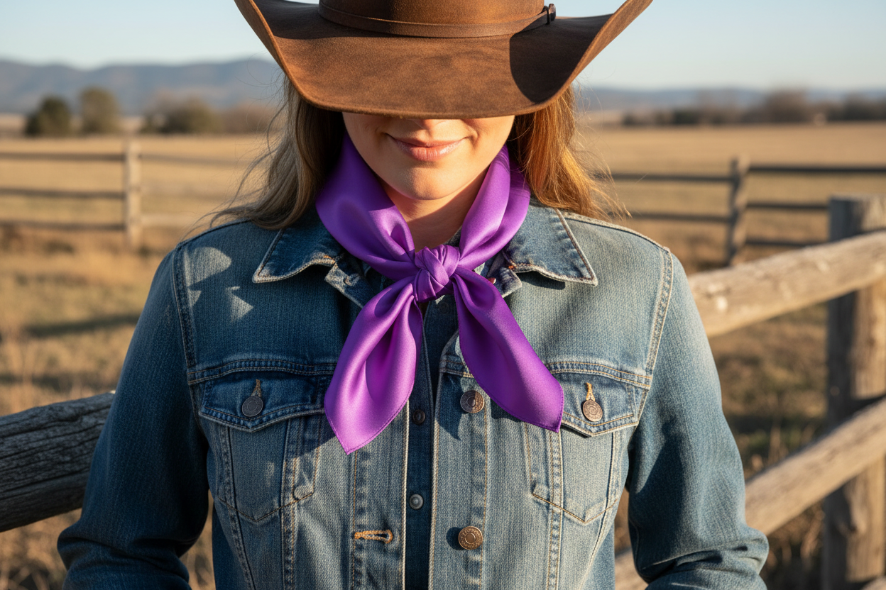 Purple wild rag 23x23 scarf wrapped around cowgirl's neck