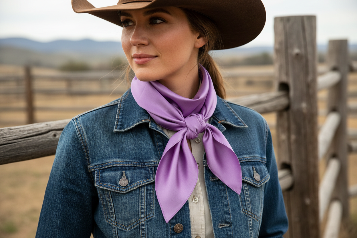 Purple wild rag 23x23 scarf wrapped around cowgirl's neck