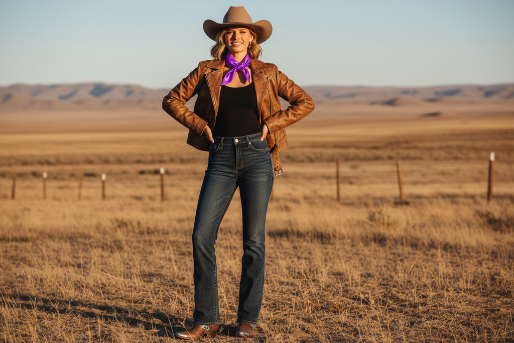 Purple wild rag 23x23 styled with leather jacket and boots