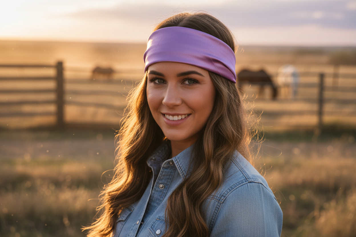 Purple wild rag 23x23 worn as bandana headband on cowgirl