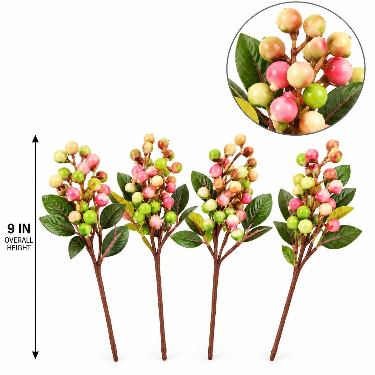 Four artificial berry stems with green leaves and pink and green berries, shown on a white background with a circular close-up inset and a 9-inch height marker.