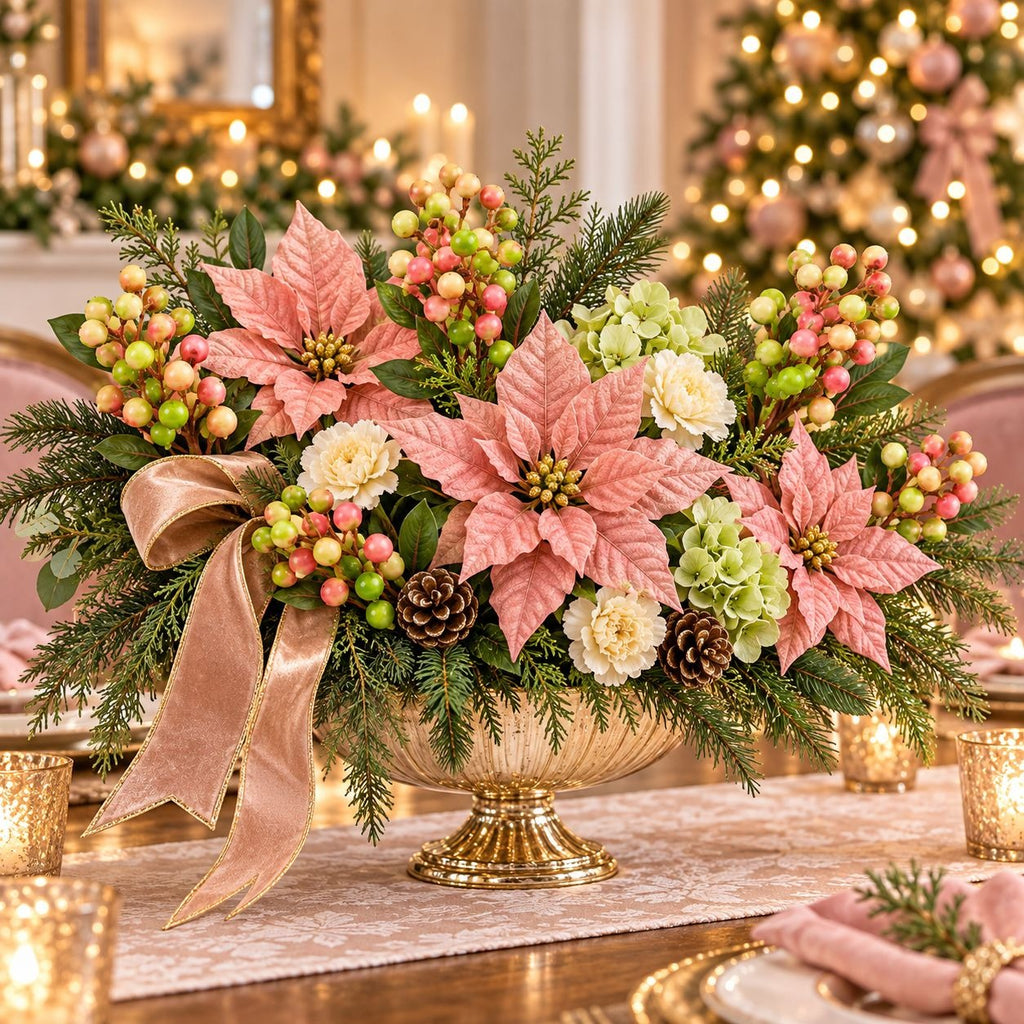 A festive holiday floral centerpiece in a gold pedestal bowl, featuring pink poinsettias, green and cream flowers, pinecones, and a blush pink ribbon, displayed on a decorated table with warm lights in the background.