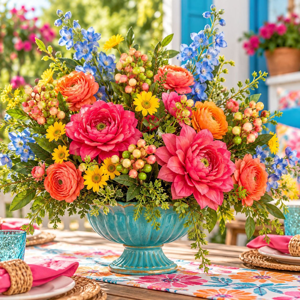 A vibrant floral centerpiece arrangement in a turquoise blue pedestal vase, featuring large pink ranunculus, orange ranunculus, yellow daisies, blue delphiniums, and green foliage, set on a decorated outdoor table.