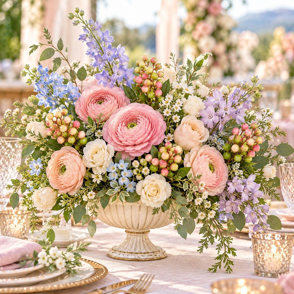 A lush floral centerpiece arrangement in a cream pedestal bowl, featuring pink and peach ranunculus, lavender delphiniums, white roses, and green foliage, set on a table in a softly blurred outdoor event setting.