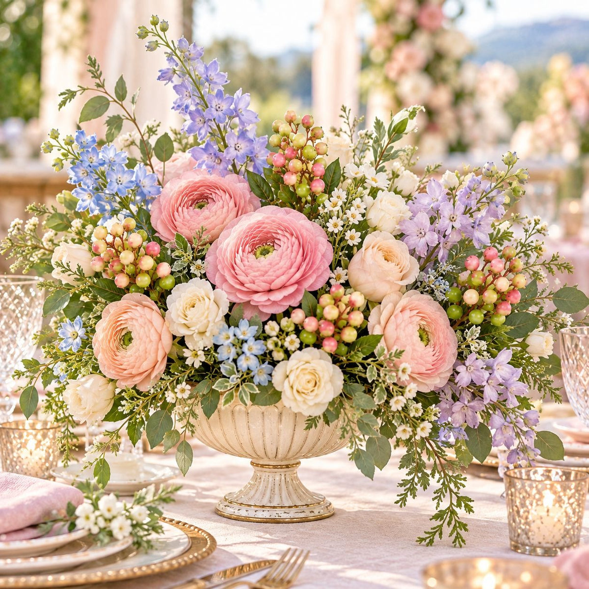 A lush floral centerpiece arrangement in a cream pedestal bowl, featuring pink and peach ranunculus, lavender delphiniums, white roses, and green foliage, set on a table in a softly blurred outdoor event setting.