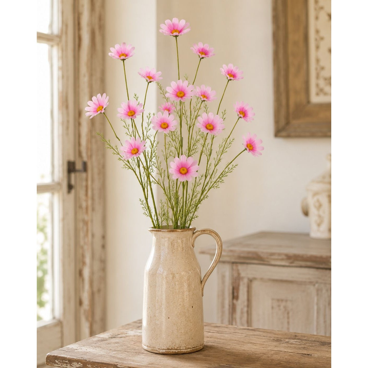 Blush Pink Faux Daisy Stems Set of 5 | 20 Inch Artificial Wildflowers Cottagecore Farmhouse Floral Decor
