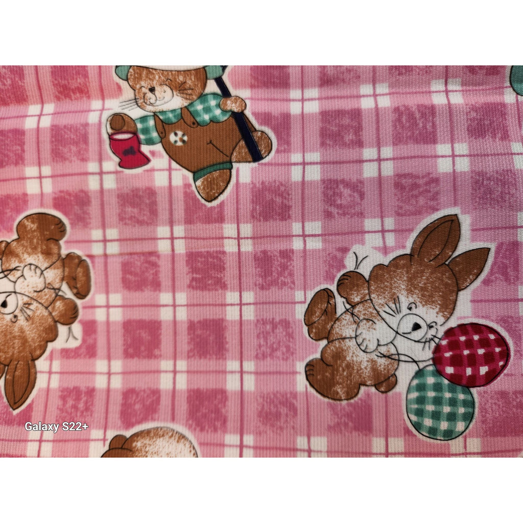 Vintage Pink Bunny Fabric Plaid Cotton Poly Children Novelty Fabric 1.75 Yards Sewing Material