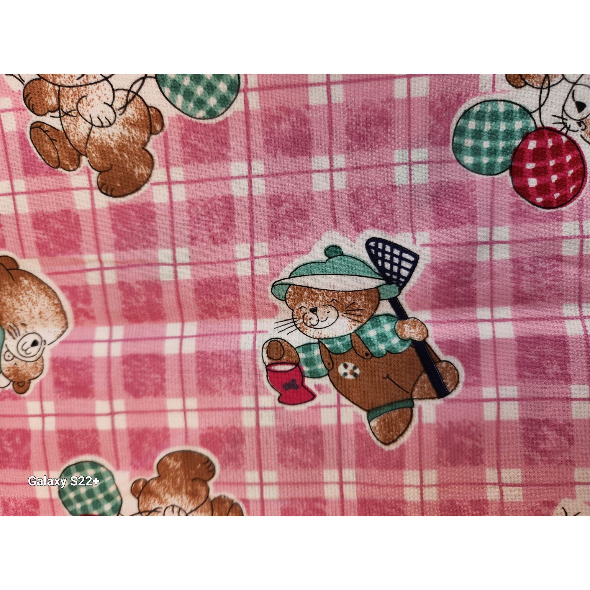 Vintage Pink Bunny Fabric Plaid Cotton Poly Children Novelty Fabric 1.75 Yards Sewing Material