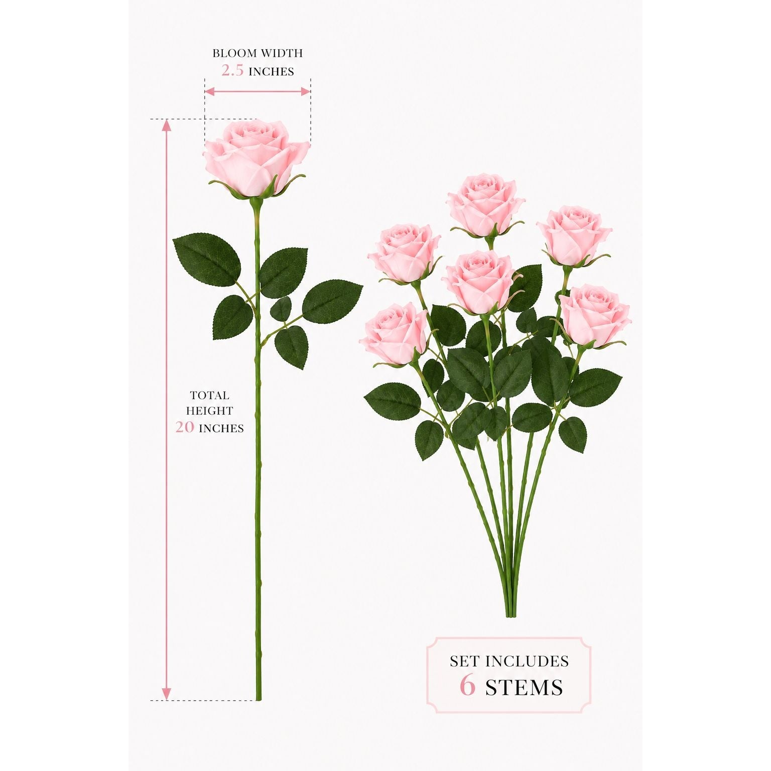 Artificial Light Pink Rose Stems Set of 6 Faux Blush Roses 20 Inch Wedding Cottage Garden Baby Shower Decor