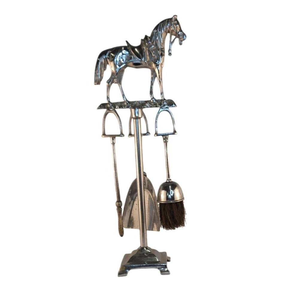 Vintage Chrome Horse Fireplace Tool Set 1970s Western Equestrian Decor 19.5 Inch