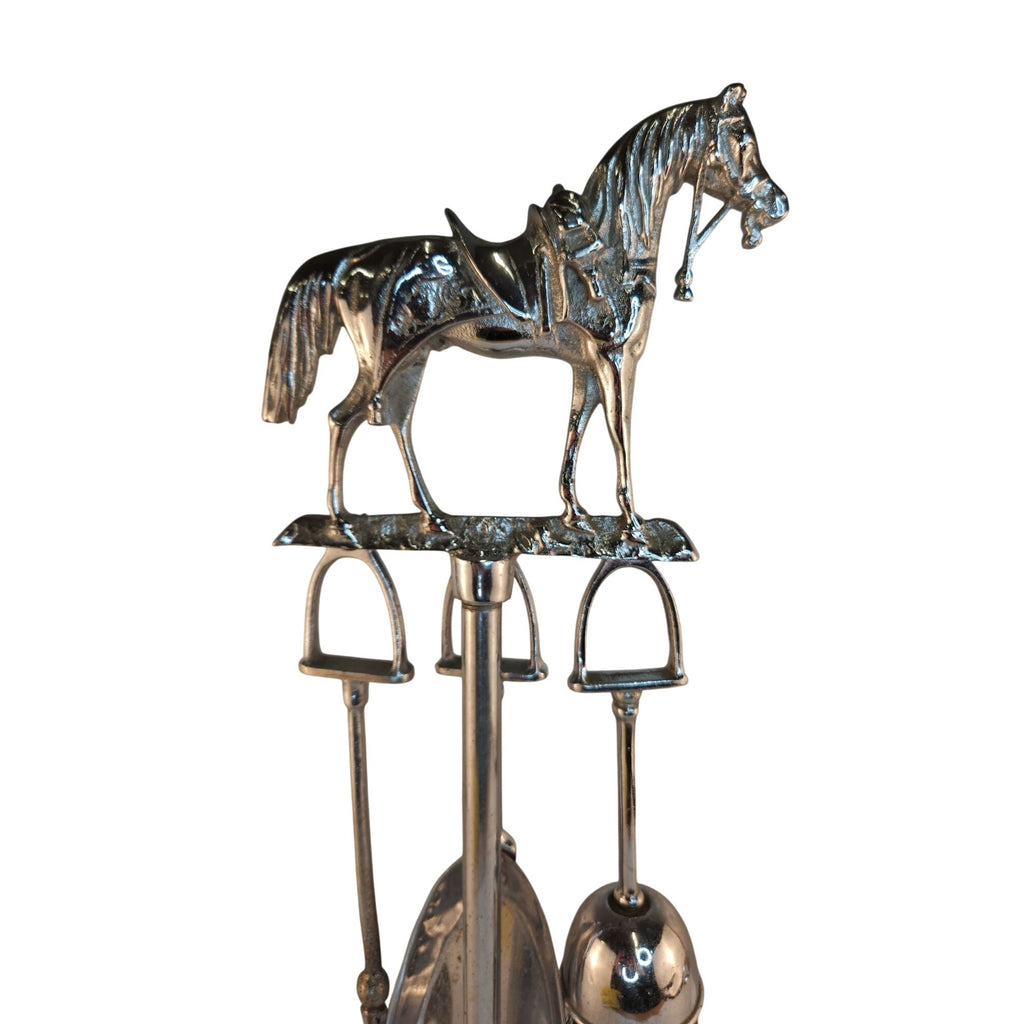 Vintage Chrome Horse Fireplace Tool Set 1970s Western Equestrian Decor 19.5 Inch