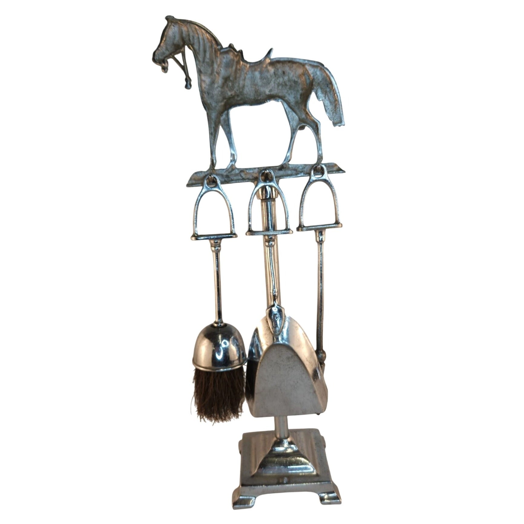 Vintage Chrome Horse Fireplace Tool Set 1970s Western Equestrian Decor 19.5 Inch
