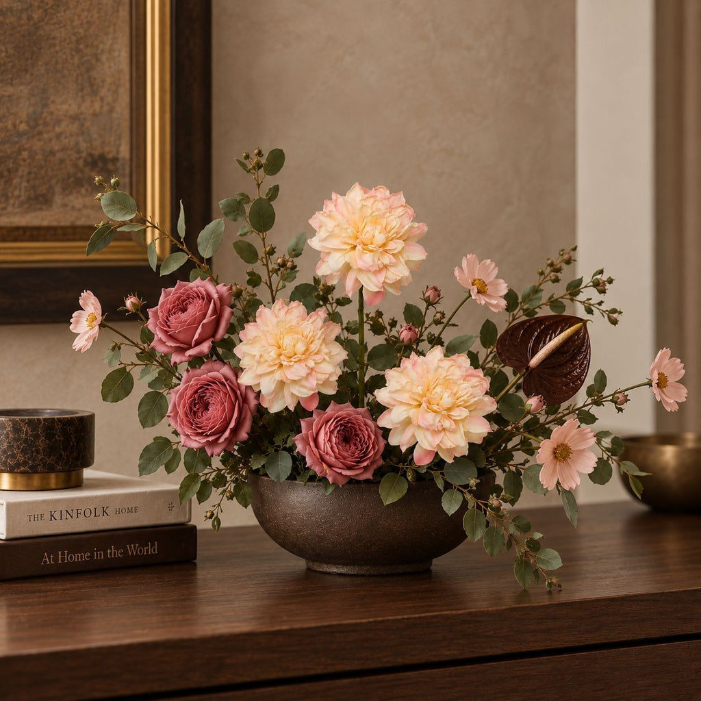 A floral arrangement in a dark round ceramic vase on a wooden table, featuring blush pink roses, cream and peach dahlias, green foliage, and a dark brown anthurium, styled in an elegant interior setting.