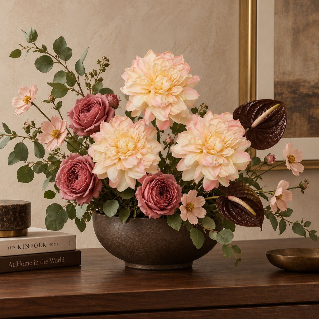 A floral arrangement in a dark round vase on a wooden table, featuring blush pink roses, cream and pink dahlias, green eucalyptus leaves, and dark burgundy anthuriums, with books and a bowl nearby against a warm beige wall.