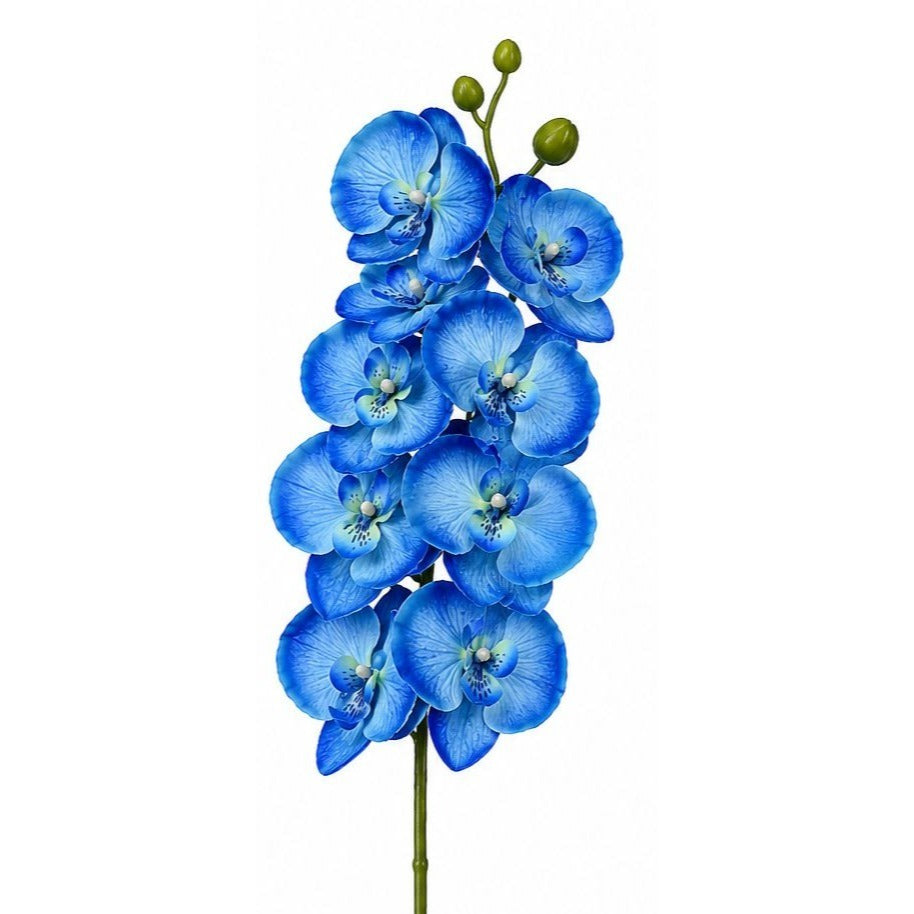 Artificial blue orchid flower stem on a white background