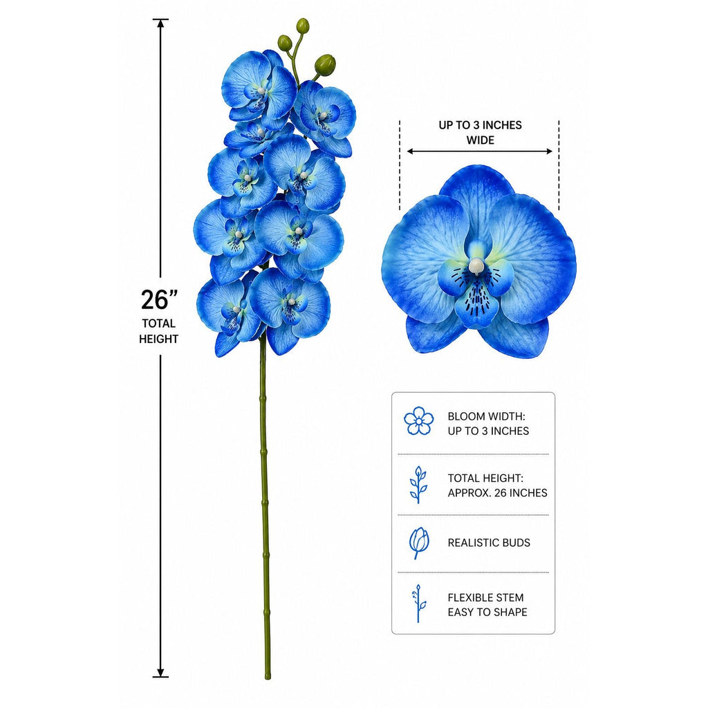 Blue artificial orchid flower with measurements and details on a white background