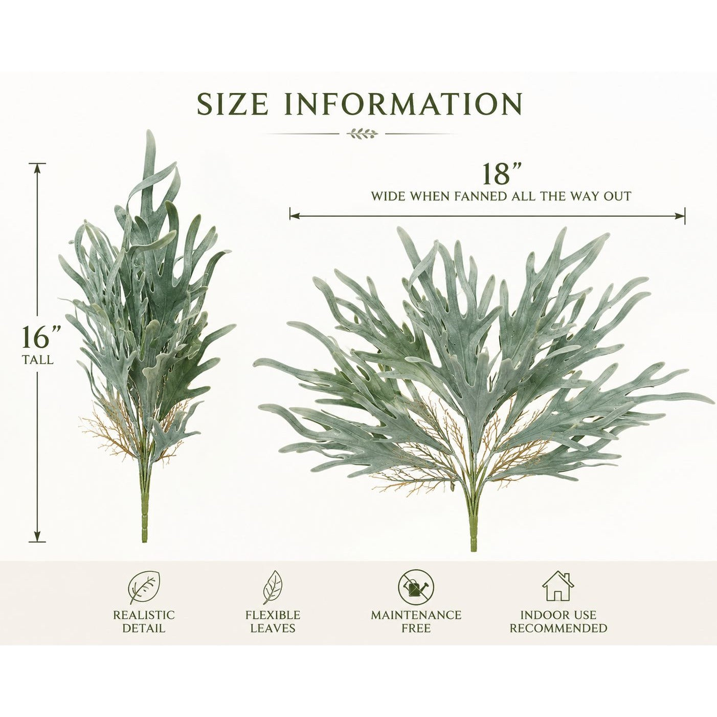 Size information of artificial plants with dimensions and features listed.