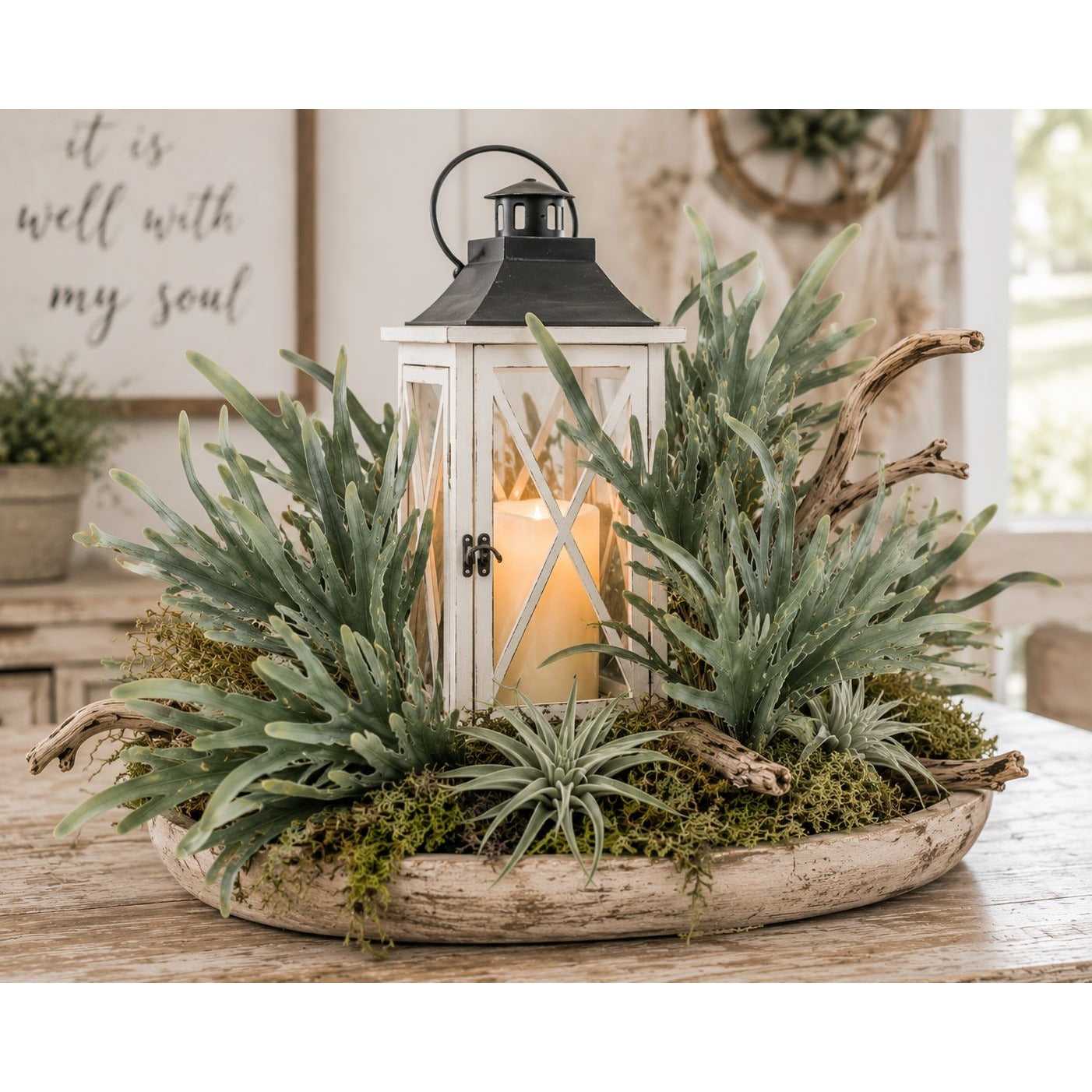 Decorative centerpiece with plants and a lantern on a wooden surface.