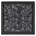 A square black bandana featuring an intricate white and gray paisley and floral pattern with a decorative border.