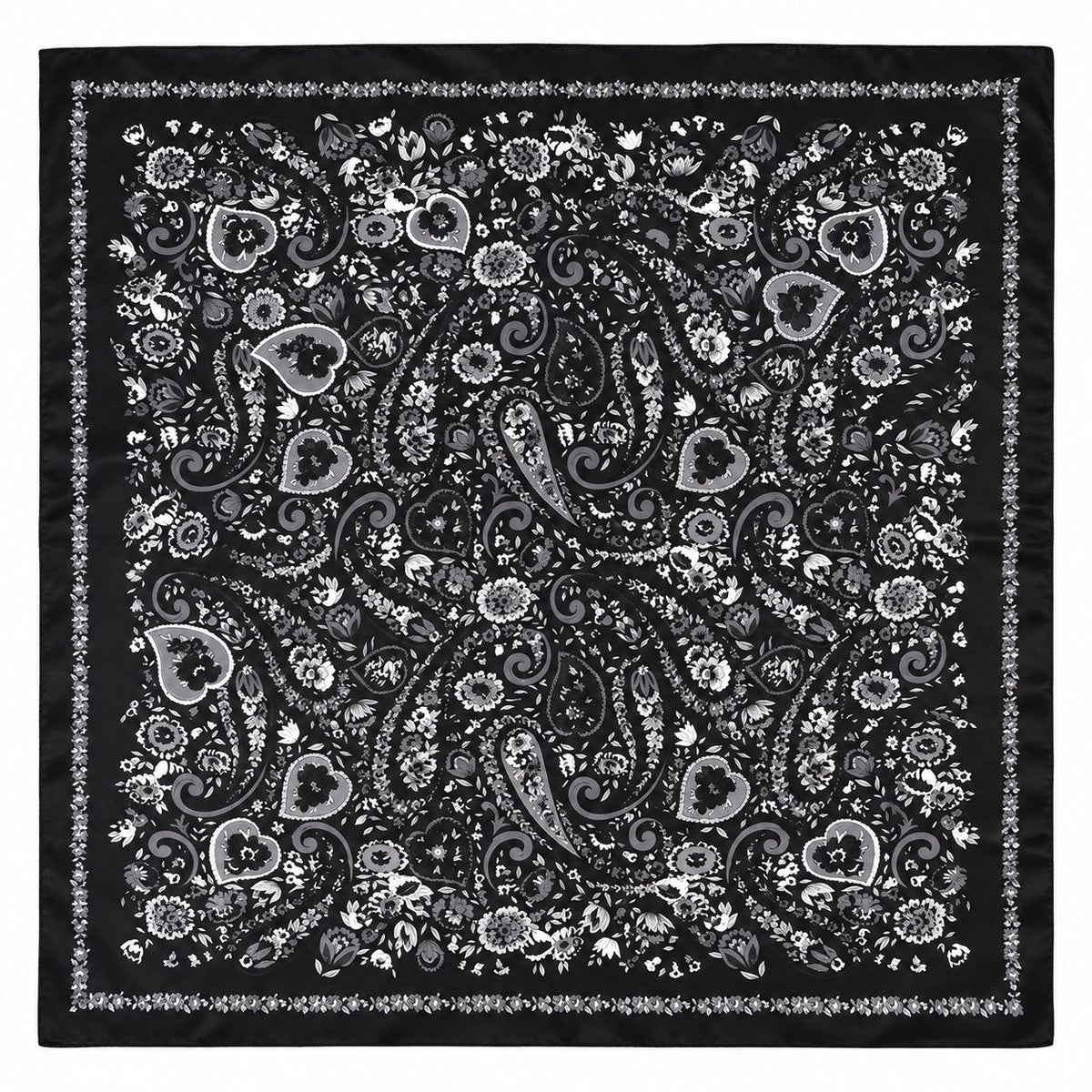 A square black bandana featuring an intricate white and gray paisley and floral pattern with a decorative border.