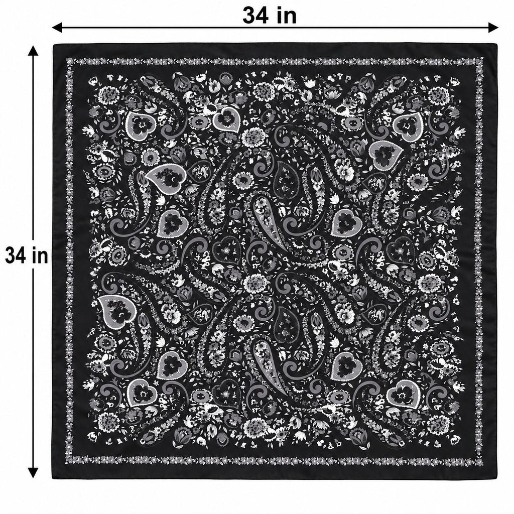 A square black bandana with an intricate white and gray paisley and floral pattern, shown with dimension lines indicating a size of 34 inches by 34 inches.