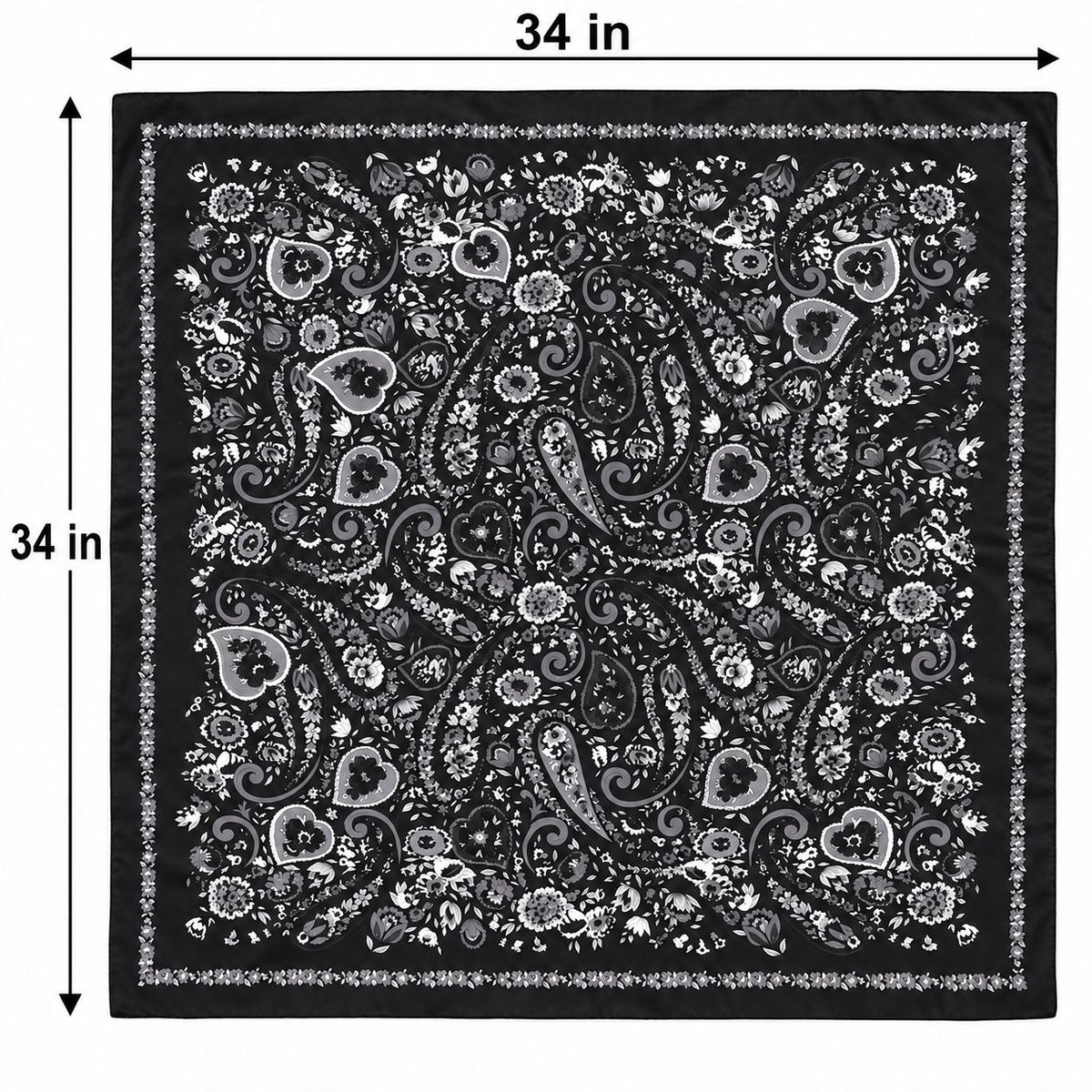 A square black bandana with an intricate white and gray paisley and floral pattern, shown with dimension lines indicating a size of 34 inches by 34 inches.