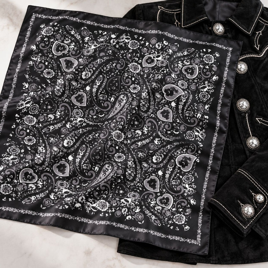 A black satin bandana with an intricate silver paisley and floral pattern, styled flat on a white marble surface next to a black velvet jacket with silver buttons.