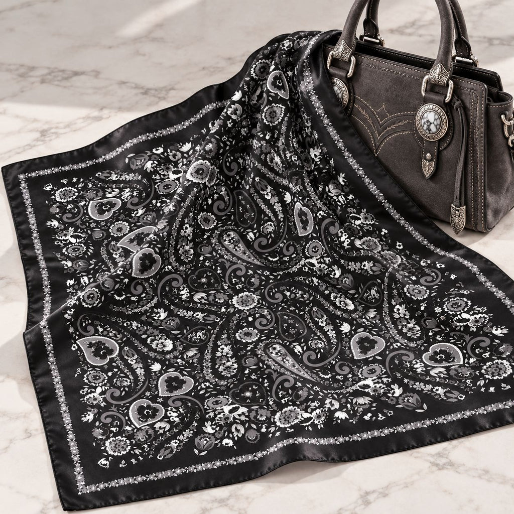 A black silk bandana scarf with an intricate white and gray paisley pattern, draped next to a dark gray western-style handbag on a light marble surface.